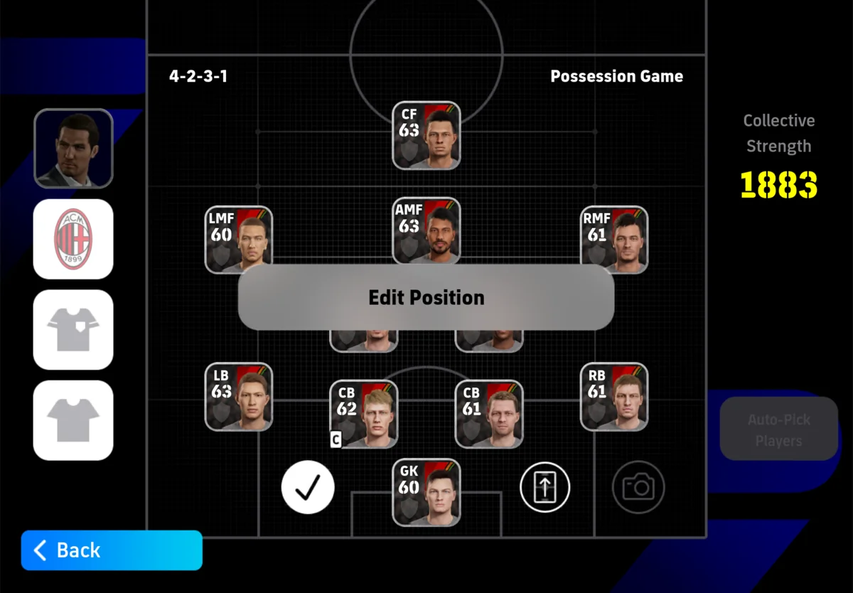 Edit Position on the formation screen. Position labels here are LB, RB, LMF, RMF, AMF, CF.