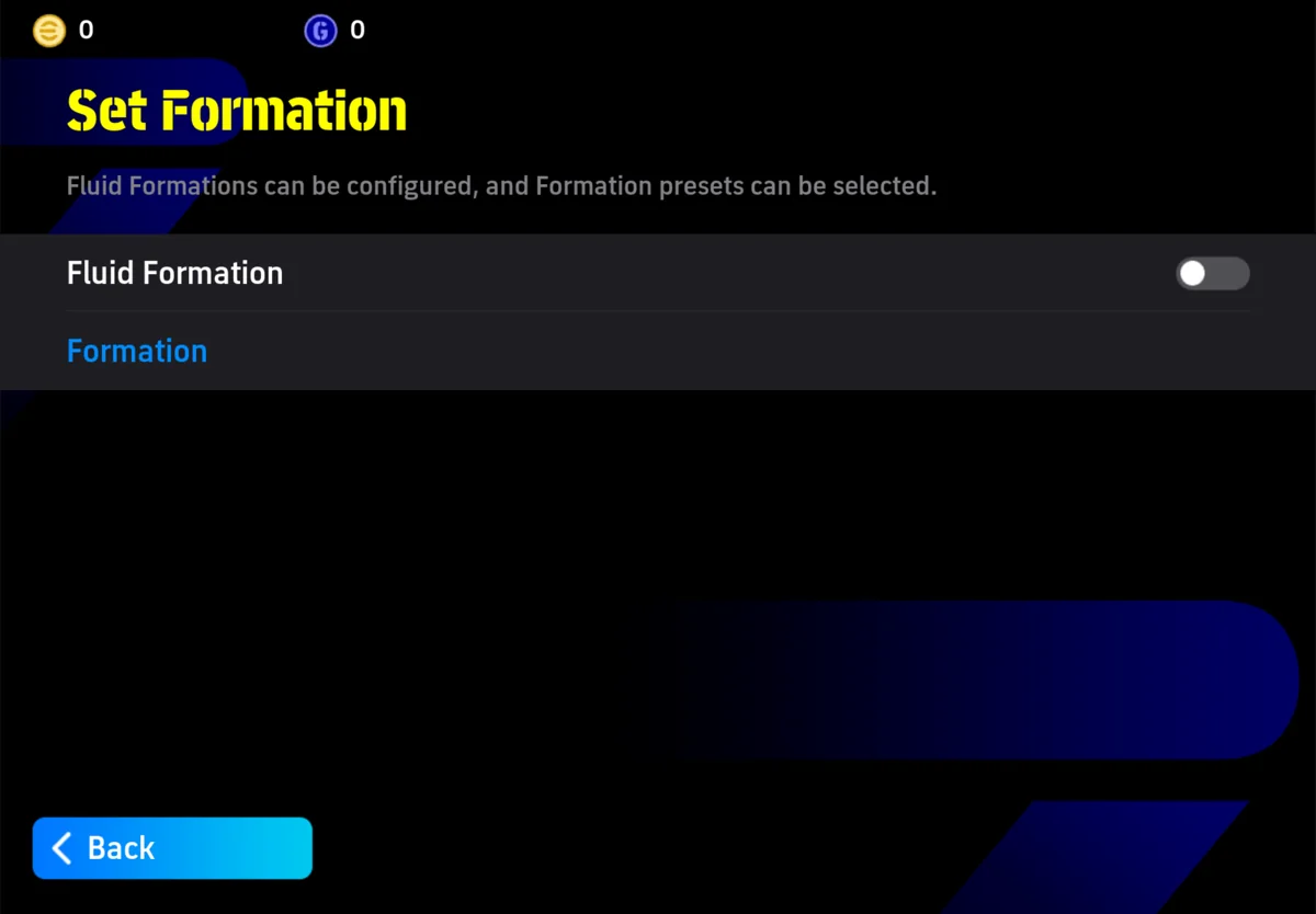 The Set Formation screen: the Fluid Formation toggle sits above Formation.