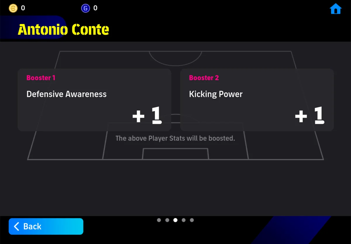 Antonio Conte's boosters in game: Defensive Awareness +1 and Kicking Power +1, applied to every player in the squad.
